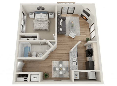 a stylized floor plan with a bedroom and a living room